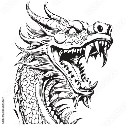 2024 Dragon Year Symbol Sketch and Vintage Engraving, black and white isolated Vector ink outlines template for greeting card, poster, invitation, logo