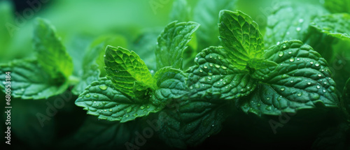 Vivid close-up of green mint leaves.