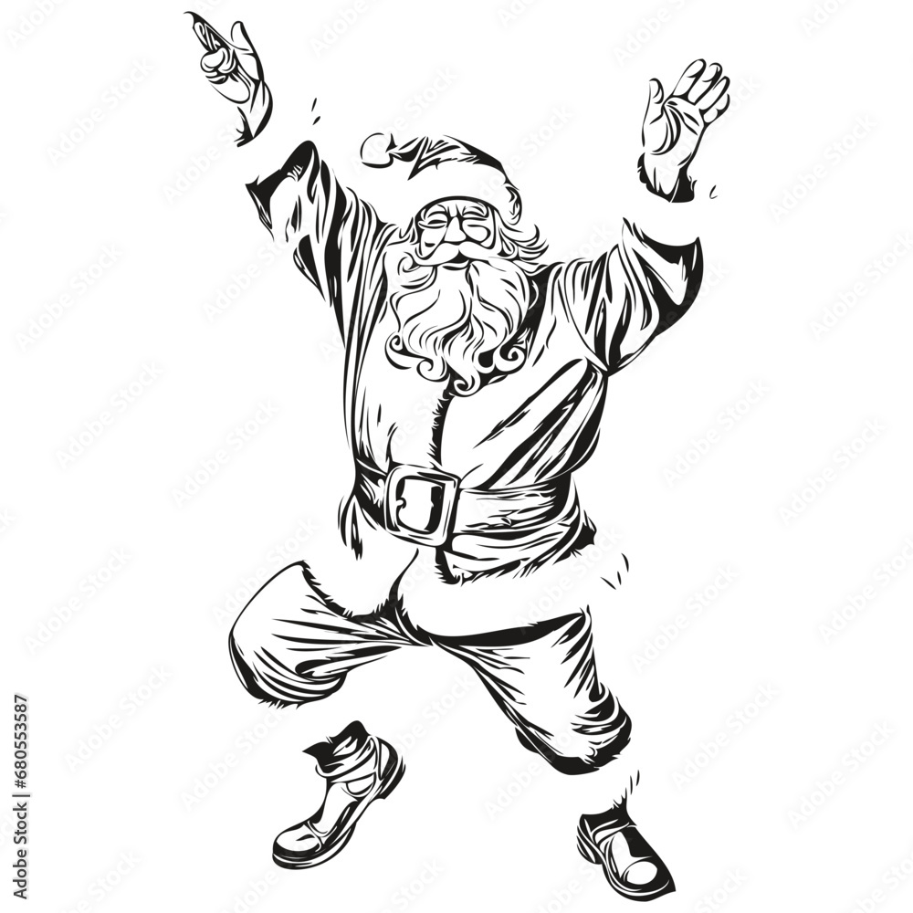 Santa Claus dancing Hand-Drawn Banner Sketch Detailed Christmas Illustration, Classic Style, black white isolated Vector ink outlines template for greeting card, poster, invitation, logo Santa Claus dancing Hand-Drawn Banner Sketch Detailed Christmas Illustration, Classic Style, black white isolated Vector ink outlines template for greeting card, poster, invitation, logo