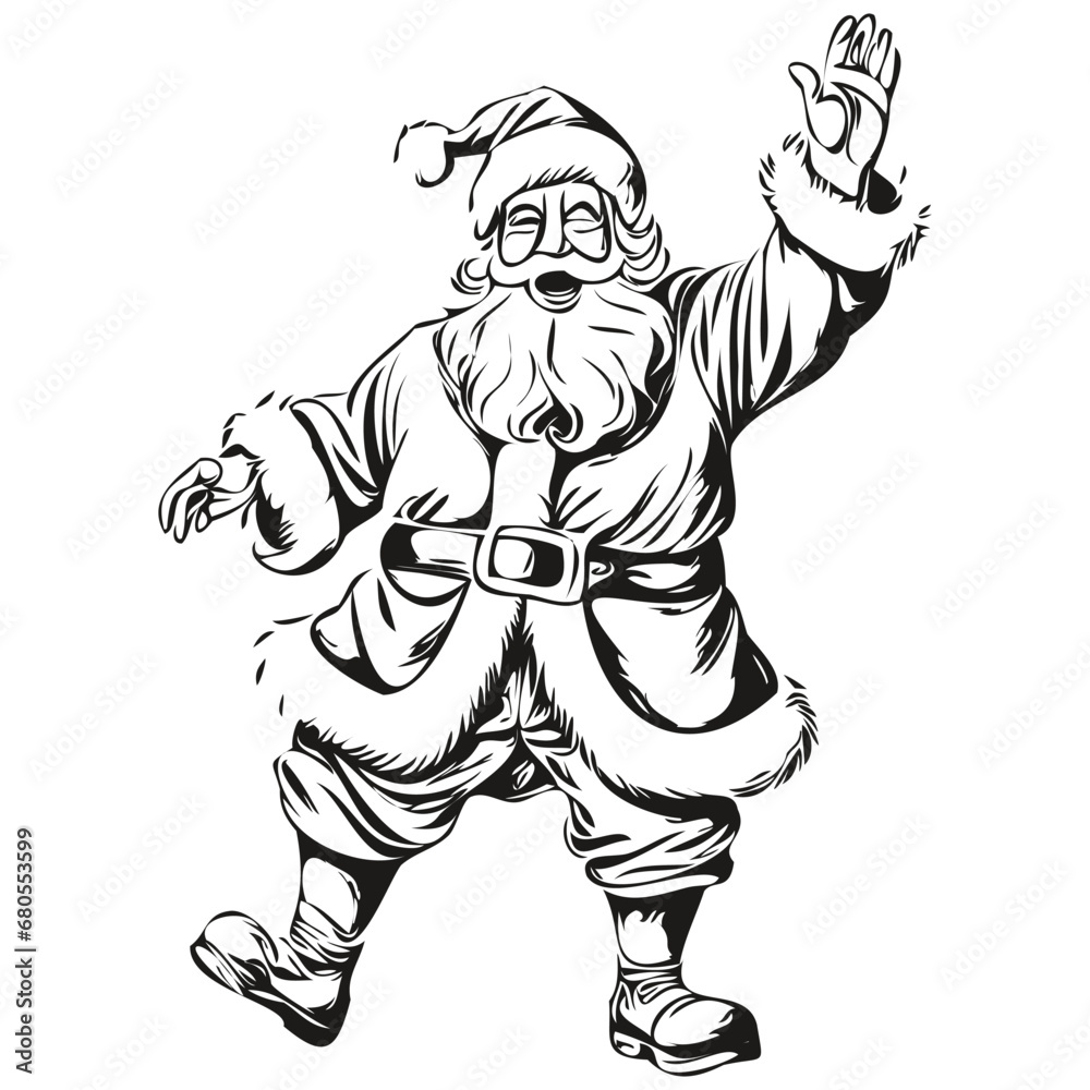 Santa Claus dancing Hand-Drawn Cartoon Drawing Detailed Christmas Illustration, Classic Style, black white isolated Vector ink outlines template for greeting card, poster, invitation, logo