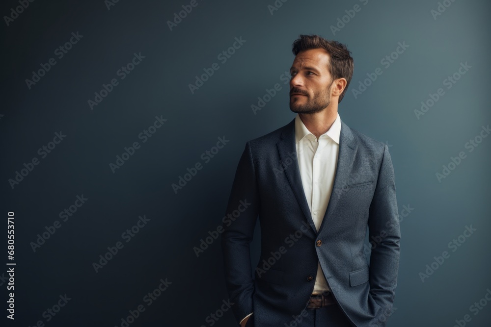 Portrait of a jovial man in his 30s dressed in a stylish blazer against a minimalist or empty room background. AI Generation Portrait of a jovial man in his 30s dressed in a stylish blazer against a minimalist or empty room background. AI Generation