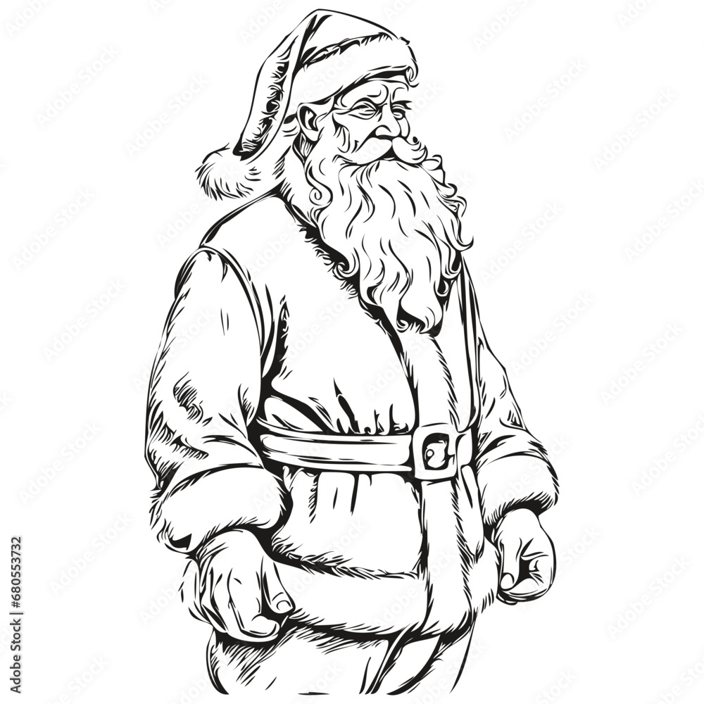 Santa Claus Drawing in Black and White Hand-Drawn Sketch with Elegance and Seasonal Charm, black white isolated Vector ink outlines template for greeting card, poster, invitation, logo
