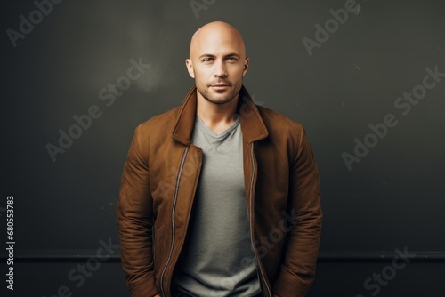 Portrait of a joyful man in his 30s sporting a stylish varsity jacket against a minimalist or empty room background. AI Generation