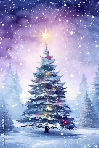 Christmas tree watercolor painting. Beautiful winter forest landscape in snowfall. Winter illustration. © ekim