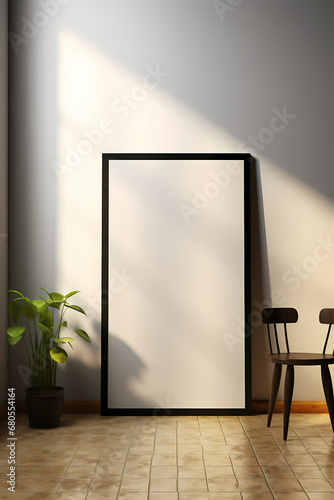 Blank wooden picture frame mockup in modern interior. Vertical template mock up for artwork  painting  photo or poster in interior design  generative AI