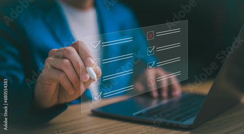 Checklist online questionnaire form concept, businessman tick option online survey, Customer Experiences research poll on website, answer questions of test, checkmarks and Filling online form.
