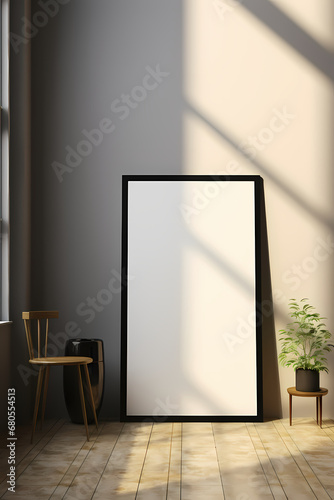 Blank wooden picture frame mockup in modern interior. Vertical template mock up for artwork, painting, photo or poster in interior design, generative AI © Christian
