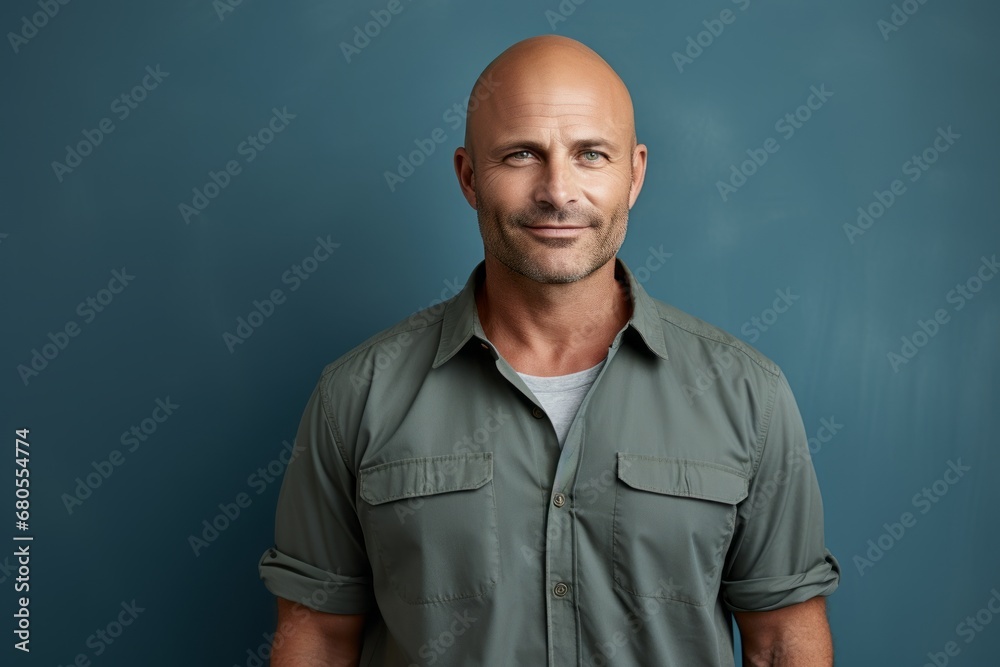 Fototapeta premium Portrait of a blissful man in his 40s sporting a vented fishing shirt against a minimalist or empty room background. AI Generation