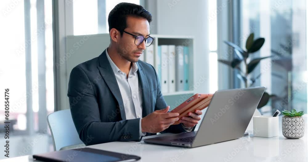 Data analysis, research and businessman with a tablet and laptop for accounting or economy growth. Office, Asian and financial worker with technology for email, planning or information on a website