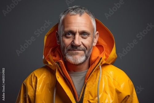 Portrait of a glad man in his 50s wearing a vibrant raincoat against a minimalist or empty room background. AI Generation