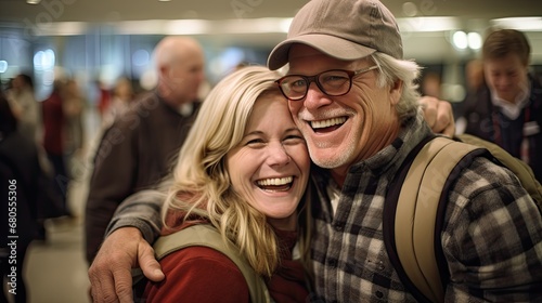 A joyful reunion at an airport, with family members embracing each other tightly. The background is a busy airport terminal, blurred to keep the focus on the emotional reunion.