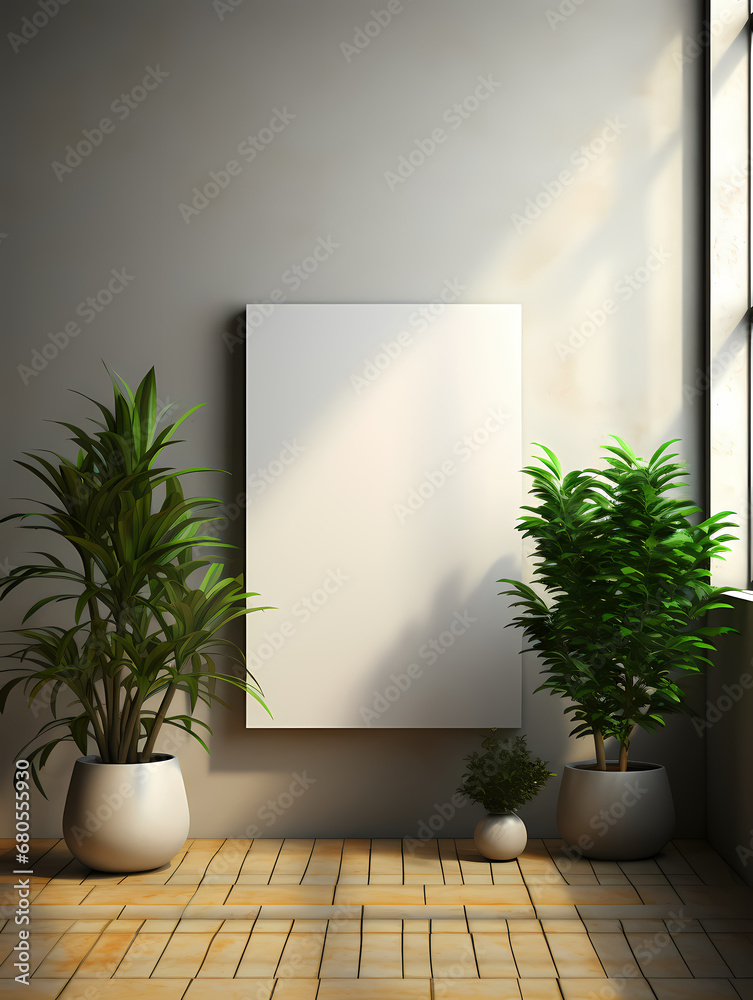 Blank wooden picture frame mockup in modern interior. Vertical template mock up for artwork, painting, photo or poster in interior design, generative AI Blank wooden picture frame mockup in modern interior. Vertical template mock up for artwork, painting, photo or poster in interior design, generative AI