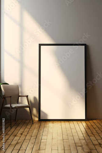 Blank wooden picture frame mockup in modern interior. Vertical template mock up for artwork, painting, photo or poster in interior design, generative AI