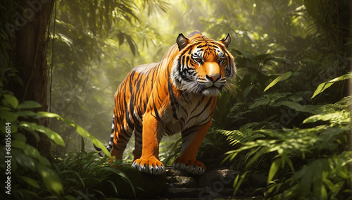 The tiger prowls through the lush undergrowth, its vibrant orange coat camouflaging perfectly with the rich greenery - AI Generative
