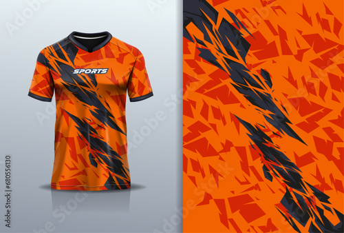 Tshirt mockup abstract grunge sport jersey design for football soccer, racing, esports, running, orange black color
