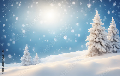 Snowfall in winter forest. Beautiful landscape with snow covered fir trees and snowdrifts. Christmas and New Year greeting background. Winter space.