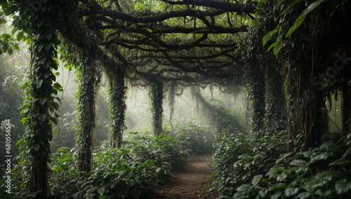 Thick canopy of vines and creepers  creating a mystical atmosphere in the jungle - AI Generative