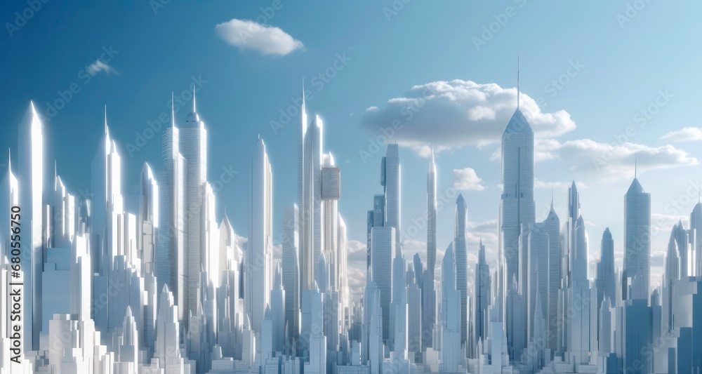 Panorama of a futuristic tech city with white building and skyscrapers.