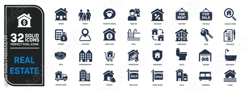 Real estate solid icons collection. Containing house, mortageg, building, apartement etc icons. For website marketing design, logo, app, template, ui, etc. Vector illustration. photo