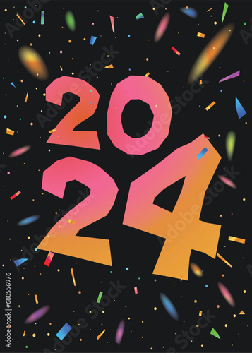 Vertical dark New Year Eve party template background with the number 2023 2024 year and colorful festival rainbow confetti