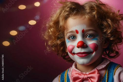 Cute little boy with clown makeup. Celebrating April Fool's Day. Little smiling clown boy