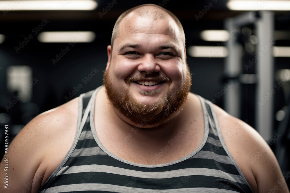 Obraz premium portrait of a fat man in the gym. An overweight man is doing a fitness workout. swings for weight loss
