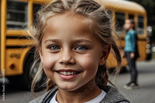 child with a backpack, looks at the camera and goes to school. American schoolgirl. girl in front of a bus