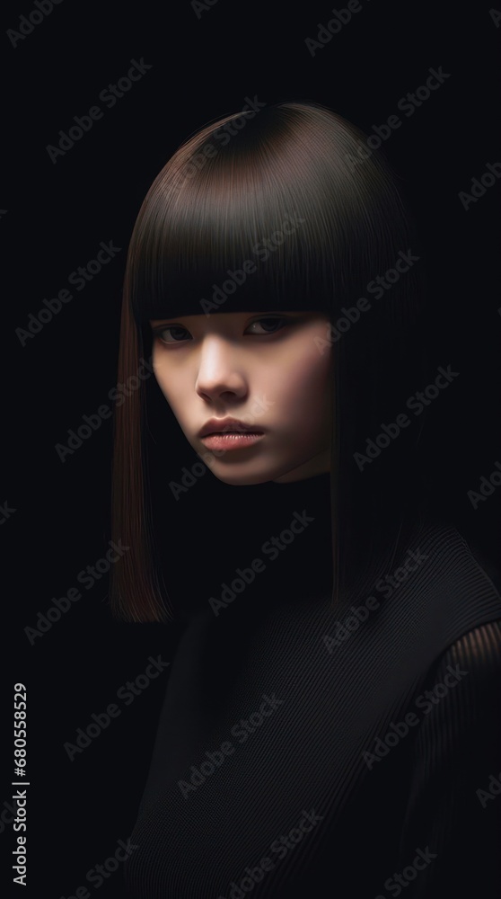 Portrait of a Japanese brunette woman, dark style.