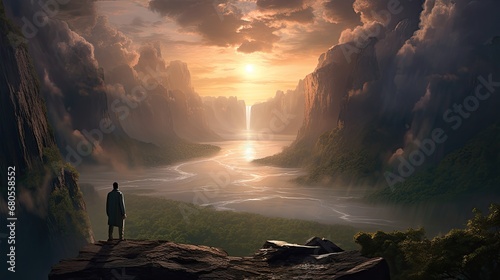 A person suddenly encountering a spectacular natural scene, showing a look of awe and surprise. The person is in the foreground with the natural wonder in the background. 