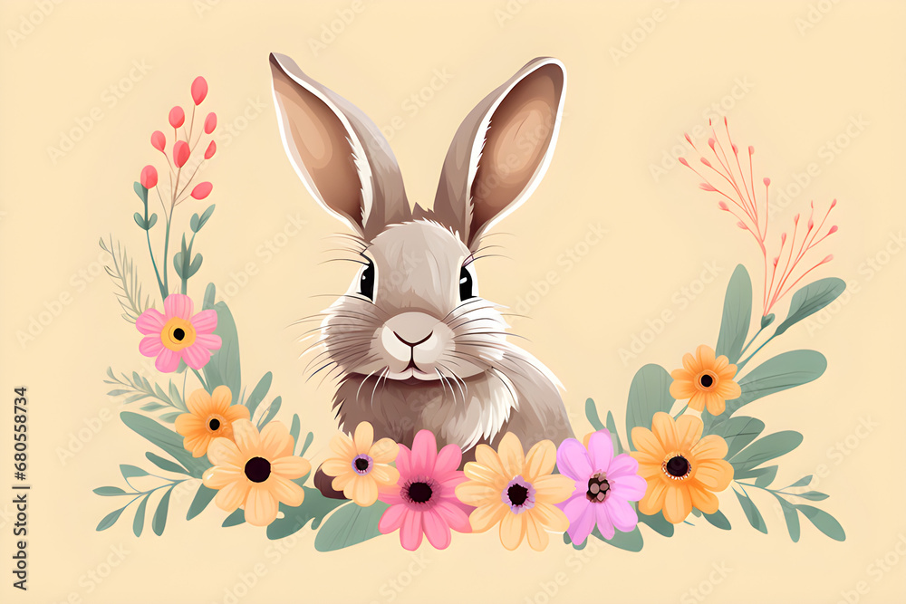 Obraz premium Adorable rabbit surrounded by flowers, Generative AI 
