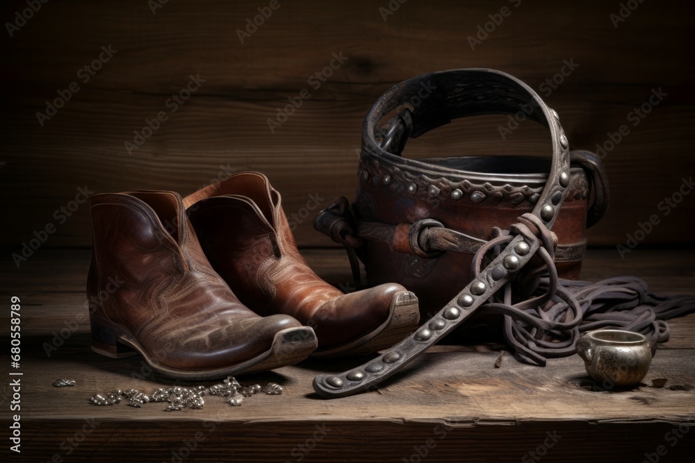 American west still life. Life art leather cowboy equipment. Generate Ai - obrazy, fototapety, plakaty 