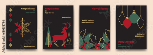 Set of New Year and Christmas greeting card templates. Modern vector design Christmas elements on black background for web banner, party invitations, posters, flyers, social media.