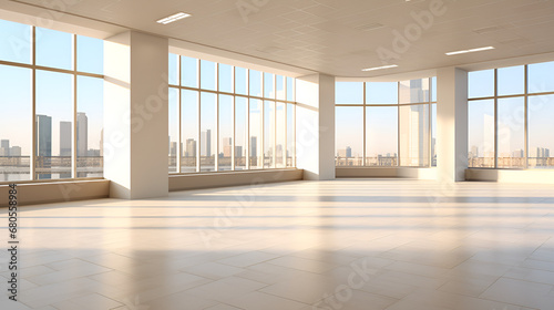 empty room with windows,Modern Bright Interiors: A 3D Rendering Illustration of Unfurnished City Spaces.AI Generative 