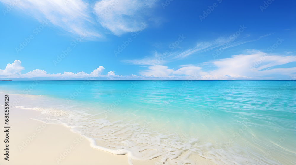 beach with sky and clouds.Panoramic beach landscape. Empty tropical beach and seascape.