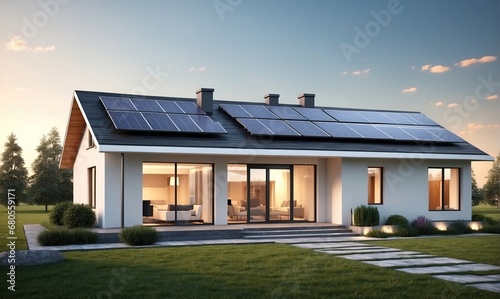 House with Solar Panels on the Roof, Home with Photovoltaic System. Modern Eco Friendly