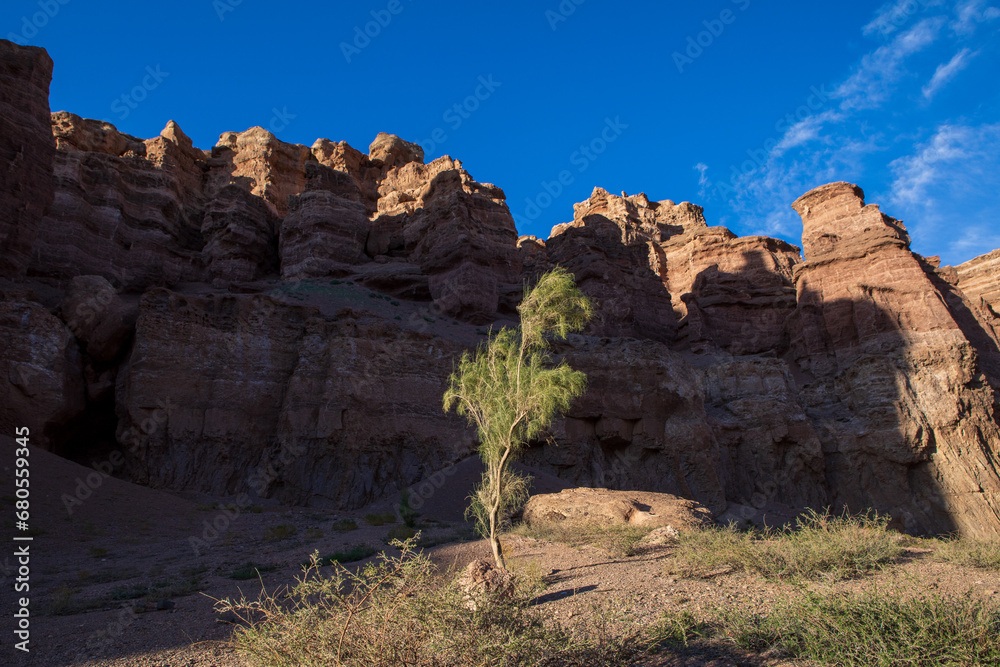 Charyn Canyon is a canyon on the Sharyn River in Kazakhstan east of Almaty. Landscape on a clear sunny day in summer