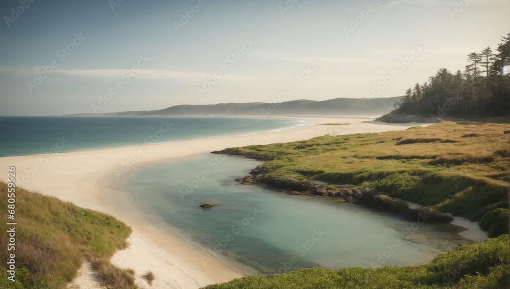 Tranquil and picturesque coastal inlet, with calm waters and a sandy beach - AI Generative Tranquil and picturesque coastal inlet, with calm waters and a sandy beach - AI Generative
