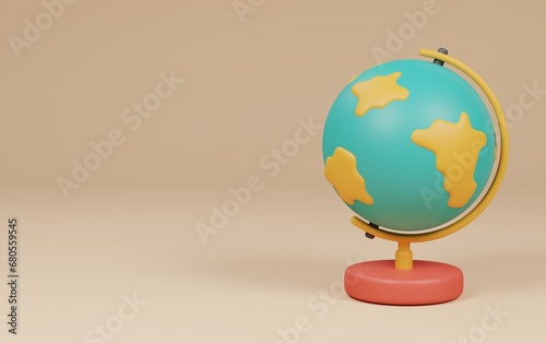 earth globe map on cream background. back to school concept. 3d rendering illustration.