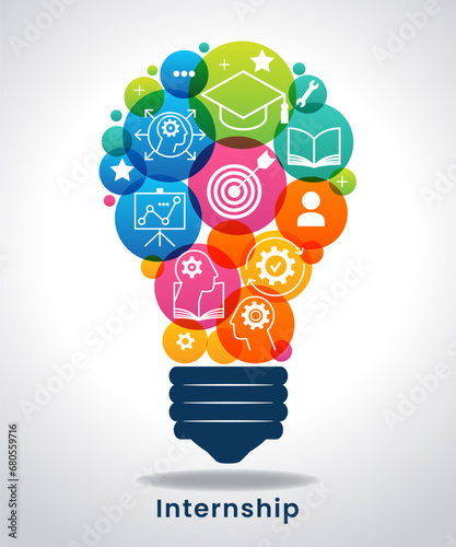 Internship concept. Light bulb with icons. Concept with icon of goal, skills, knowledge, mentoring, practice, opportunity, and training.
