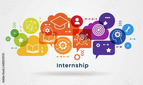Internship concept. Banner with keywords and icons. Concept with icon of goal, skills, knowledge, mentoring, practice, opportunity, and training.