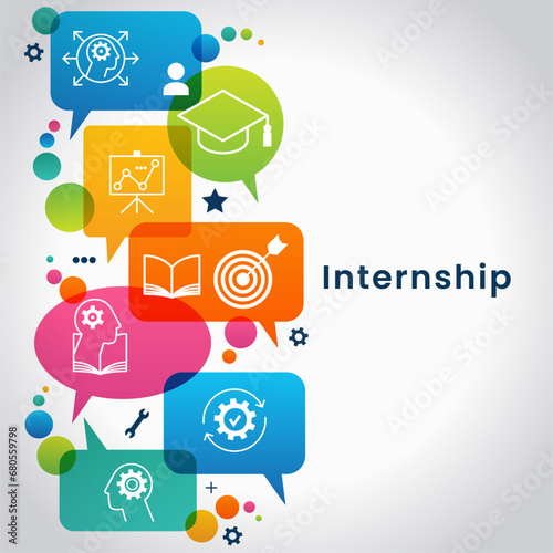 Internship concept. Speech bubble with icons. Concept with icon of goal, skills, knowledge, mentoring, practice, opportunity, and training.