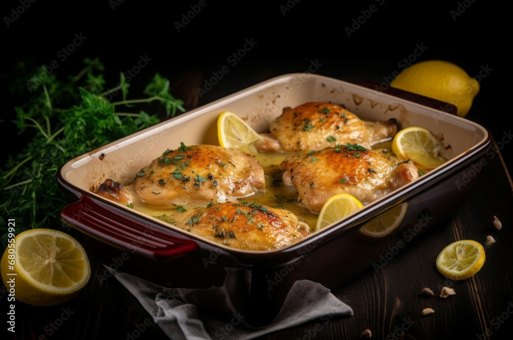 Baked lemon chicken food. Baked chicken meat grilled meal. Generate Ai