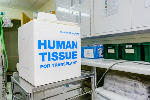 Box used for the transport of human tissue organs in a hospital ward clinical room.  photo