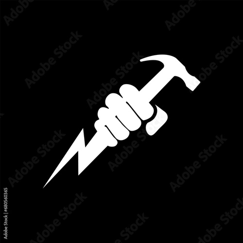 Hand holding lightning bolt and hammer icon. Power fist. Electric energy. Zeus hand. Silhouette symbol. Negative space. Vector isolated illustration