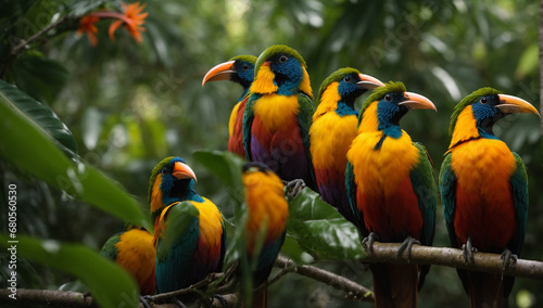 Tropical birds of paradise showcasing their brilliant plumage in the jungle - AI Generative