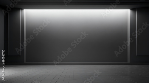 empty room with spotlights.A dark room with a closed door and a foggy background. Concrete wall background with light