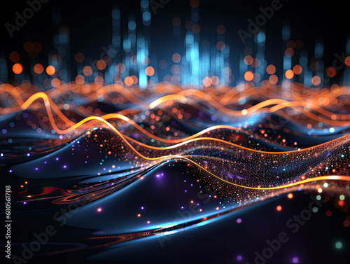 Musical stream of sounds in an abstract digital data background, featuring a wave with moving dots.
