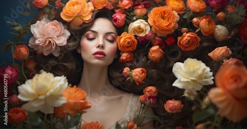 A Woman Poses Radiantly, Weaving Her Essence into the Delicate Embrace of Nature's Blooms