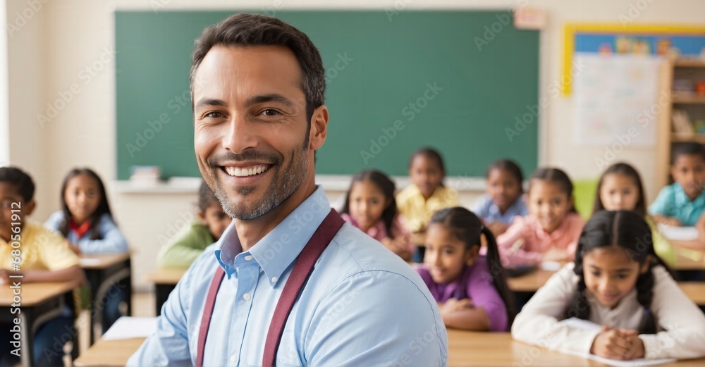Amidst the Buzz of an Elementary School Classroom, a Smiling Male Teacher Looks Directly at the Camera, His Positive Aura Reflecting the Vibrancy of Learning Amidst the Buzz of an Elementary School Classroom, a Smiling Male Teacher Looks Directly at the Camera, His Positive Aura Reflecting the Vibrancy of Learning