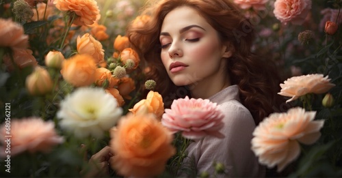  Nature's Murmurs A woman delicately intertwines her essence with the gentle embrace of flowers in a tender pose, capturing the whispers of nature